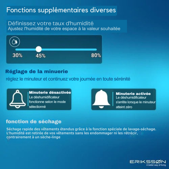 Déshumidificateur - Erikssøn – 16L / jours - Fonction Séchage Linge - Adapté pour Chambre, Salle de Bain, Salon - Blanc