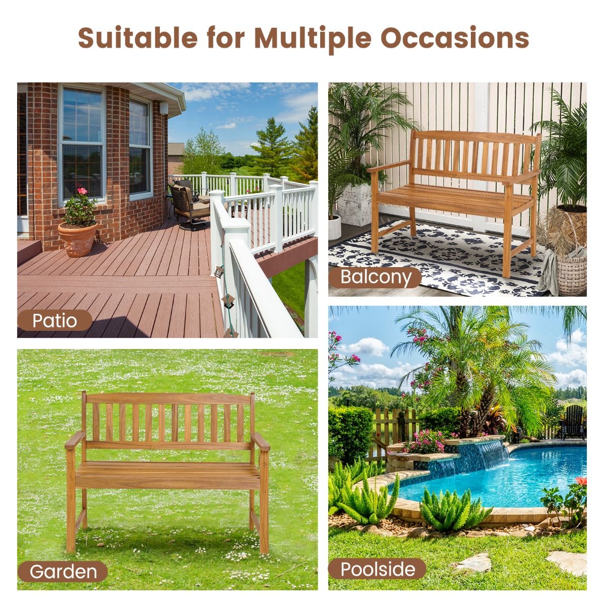 Banc de jardin Coast - Bois d'acacia massif - 2 places - Capacité de charge jusqu'à 360 kg - Finition naturelle - 110 x 56,5 x 86 cm