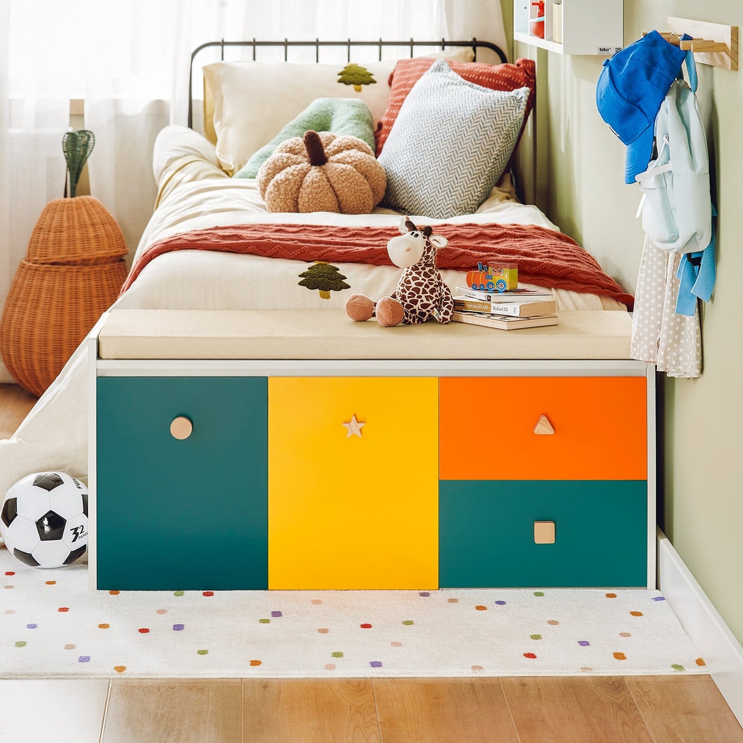 SoBuy Banc de rangement enfant avec 2 armoires et 2 tiroirs - Max. 150 kg - 100 x 37 x 46 cm - Coloré