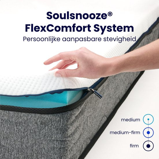 Soulsnooze® FlexComfort Premium Matelas 90 x 200 cm - 25 cm d'épaisseur - fermeté réglable - moyen ou dur - confort 3 couches - Matelas à mémoire de forme - Mémoire de forme - Mémoire de forme - Fermeté réglable - Hypoallergénique - 30 nuits de sommeil d'