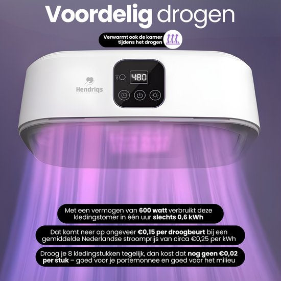 Sèche-linge à condensation Hendriqs® 8 kg - 90 °C : mini-sèche-linge avec stérilisation par UV - Des vêtements secs et une pièce chauffée en même temps - Alternative au sèche-linge à pompe à chaleur, au lave-linge/sèche-linge, à l'armoire de séchage, au s