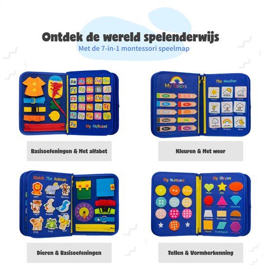 MontiPlay® Montessori Toys - Jouets sensoriels - Tableau d'activités - Tableau d'occupation - Livre d'activités Montessori pour la maison - Educatif - Jouets sensoriels - Bleu