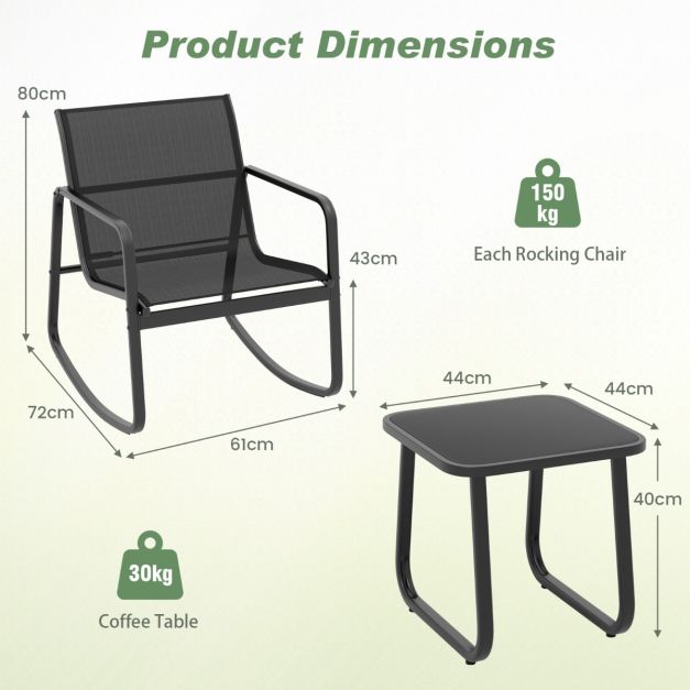 Coast 3-Piece Swing Set Balcony Set with 2 Chairs - 72x61x80 cm - Table - 44x44x40 cm - Black - Garden Furniture Set with Soft Swing Movement