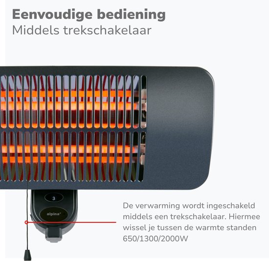 Chauffage infrarouge suspendu Alpina - Chauffage de terrasse 2000 W, 3 niveaux de chaleur - Chauffage de terrasse résistant aux éclaboussures IP34 avec panneau infrarouge - Chauffage de terrasse
