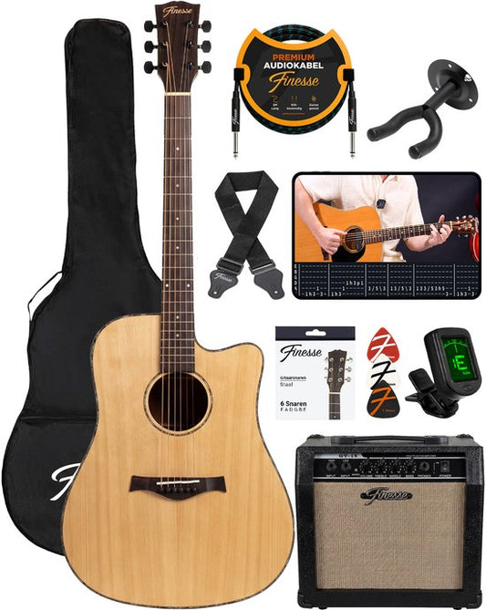 Guitare électro-acoustique Finesse avec amplificateur - avec cours vidéo - 4/4 41 pouces - Accessoires - Adultes - Enfants