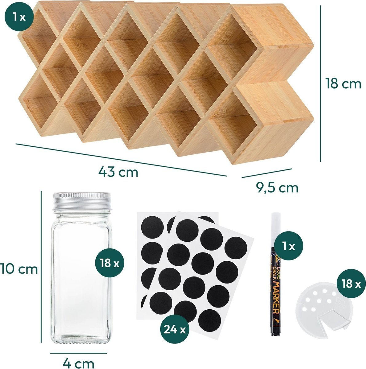 Gadgy Porte-épices avec 18 pots à épices en verre avec couvercle saupoudré - avec étiquettes et marqueur - Bambou - Bois - 43 x 18cm