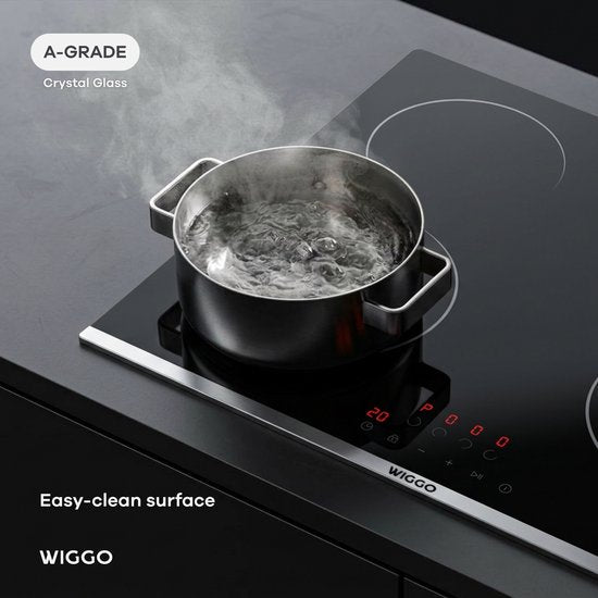 Wiggo WH-E614G(B) - Table de cuisson à induction encastrable - 60 cm - 4 zones de cuisson - Commande par curseur - Monophasé, sans fiche - Garantie 5 ans - Noir