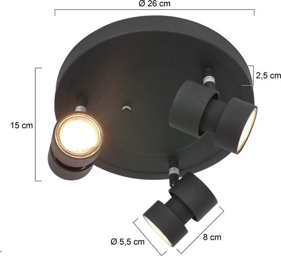 Spot Natasja 7905ZW : spot rond noir à 3 lampes avec ampoules GU10 de Steinhauer, en métal, diamètre 27,5 cm, orientable et inclinable, design moderne