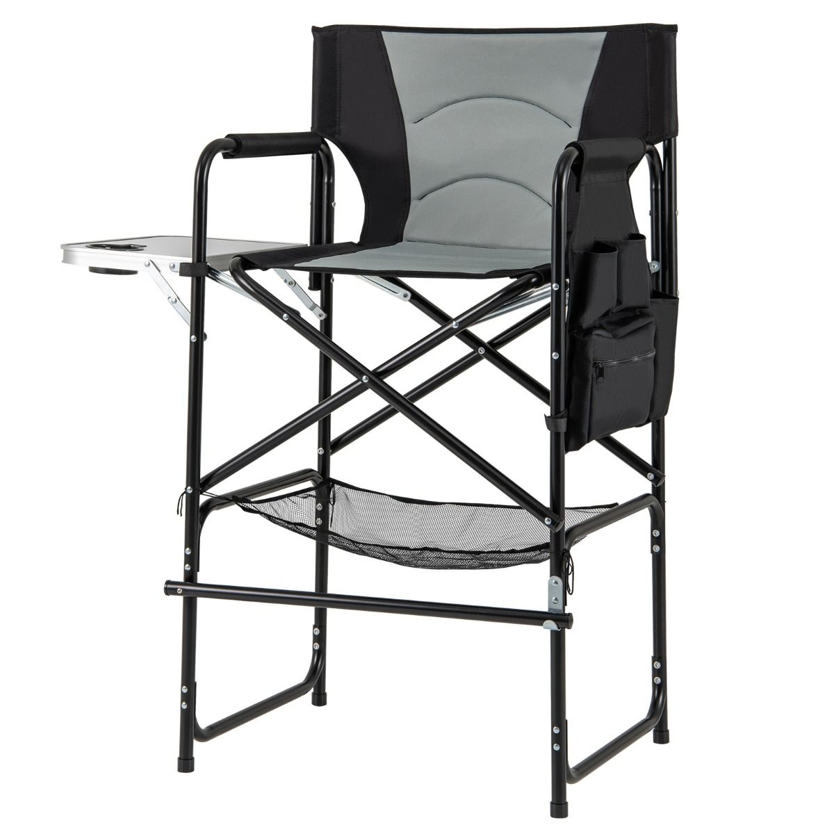 Chaise de camping Coast Chaise de directeur pliable avec table d'appoint, repose-pieds et compartiments de rangement - Noir/Gris - 65 x 53 x 116,5 cm