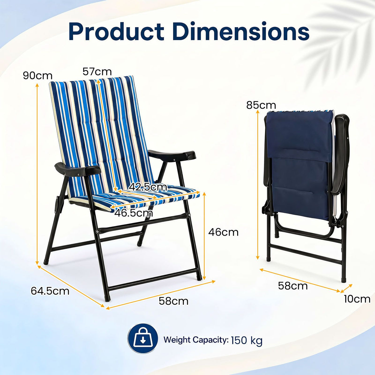 Lot de 2 chaises de plage pliantes - Bleu/Vert - 150 kg - Assise large - Avec accoudoirs