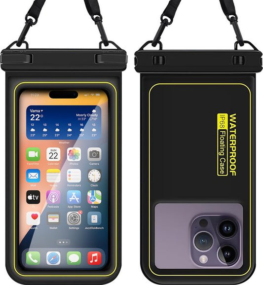 TTD® Waterproof Phone Case Floating - 2 Pieces - Stays on Water Floating - With Adjustable Carrying Cord - Touchscreen, Camera and Face ID Remain Usable - Double Clip Closure - Suit pour les téléphones jusqu'à 6.8 Inch