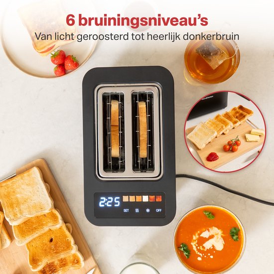 AoraKitchen Grille-pain avec pinces chauffantes - 6 niveaux de chaleur - écran LED - grille-pain - minuterie - noir
