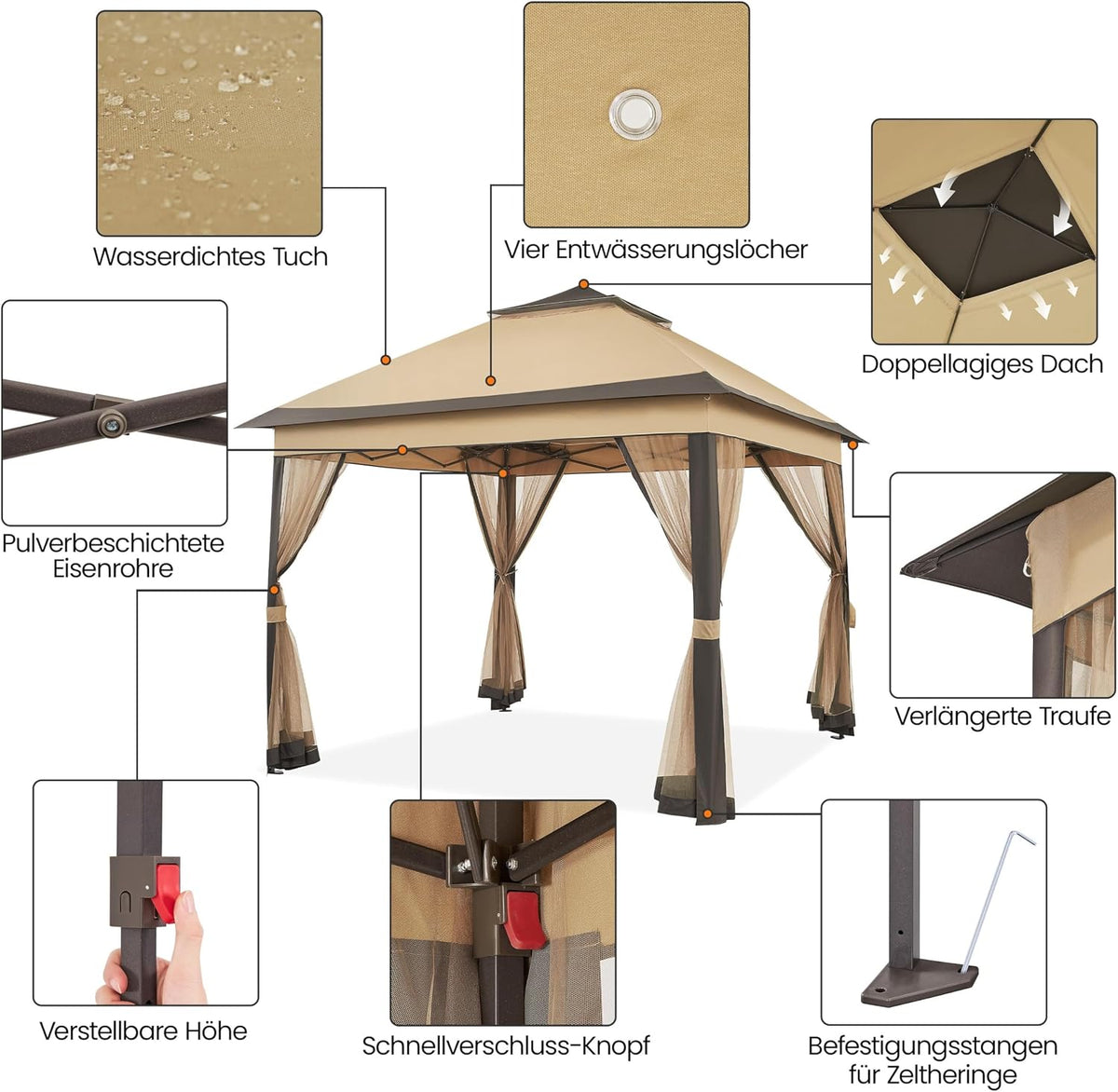 Pavillon pop-up Yaheetech 3,3 × 3,3 m avec 4 parois latérales en filet et sac de transport, couleur kaki/marron