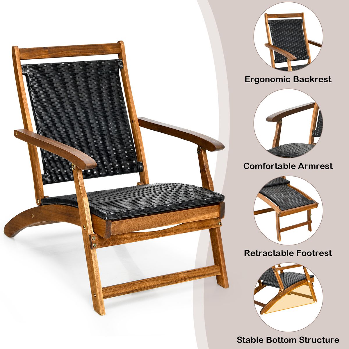 Chaise longue de jardin pliable Coast - Dossier ergonomique - Repose-pieds extensible - Mélange de marron et de rouge-brun