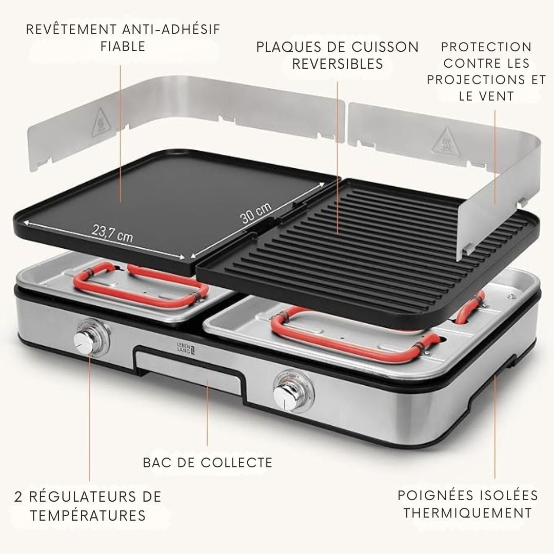 Grill de table électrique LEBENLANG  - 2400W - Pince à griller et protection anti-éclaboussures incluses - 35 x 52 x 10 cm - acier inoxydable