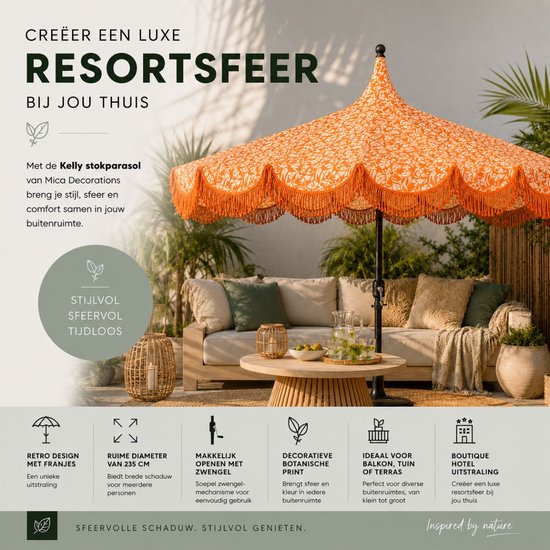 Mica Decorations Kelly Parasol avec sac de transport - Parasol à mât 238 x Ø235 cm - Parasol de jardin ou de balcon - Polyester, acier - Orange