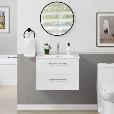Meuble de salle de bains Yaheetech avec lavabo - Blanc brillant - 61 x 39,5 x 45,5 cm - Fixation murale, 4 tiroirs, lavabo en céramique