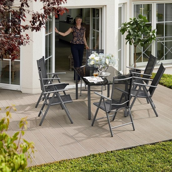 tectake® seat set aluminium folding chairs, lounge set with 6x chairs and 1x glass table dining table, garden furniture set weatherproof for balcony, garden chairs, patio furniture, lounger - silver