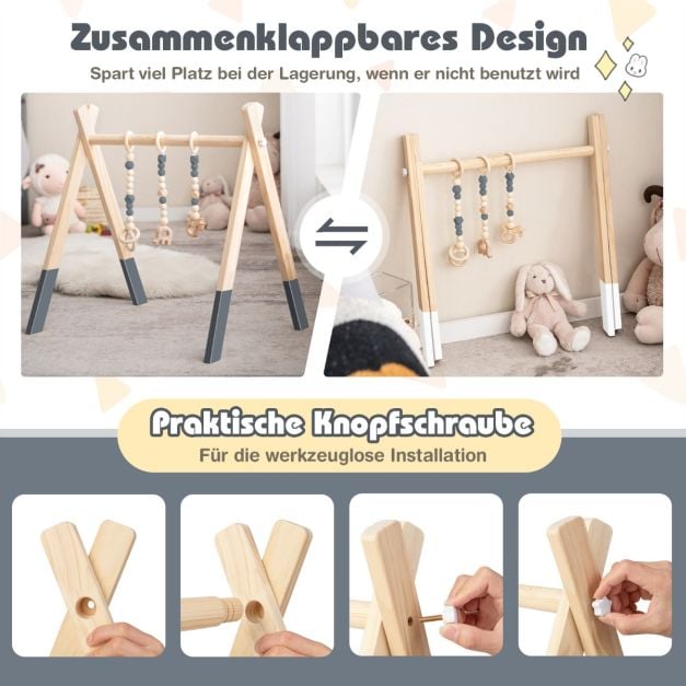 Coast : gym pour bébé en bois – 3 jouets suspendus – 60 x 44 x 60 cm – Vert, gris et rose