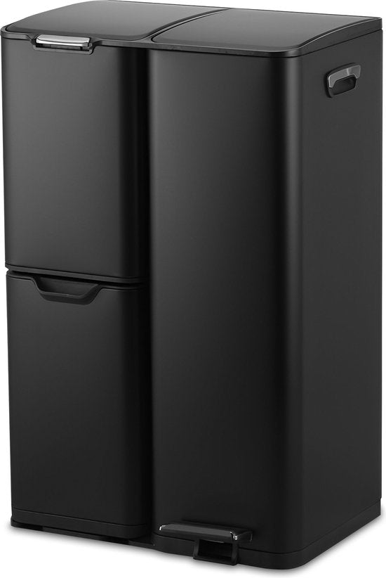 Bayt Poubelle - Poubelle 60 litres - Poubelle 60 litres - Poubelle à pédale 60 litres - Poubelle tri sélectif - Poubelle 3 compartiments - Poubelle - inox - Noir