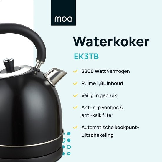 MOA Bouilloire Retro - 2200 watts - 1,8 litres - acier inoxydable - sans BPA - électrique - noir - EK3TB