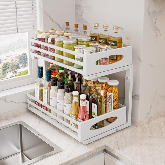 Posity Rangement pour armoire de cuisine - Rangement pour évier - Rangement pour comptoir - Support de rangement - Rangement pour salle de bain - Support de cuisine - Extensible - Métal - Blanc