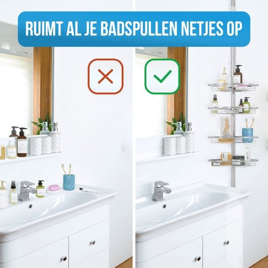 Porte-douche télescopique Strex en acier inoxydable - réglable 70-275 cm - 4 paniers - qualité robuste - fixation sans perçage ni vis - Porte-douche télescopique d'angle