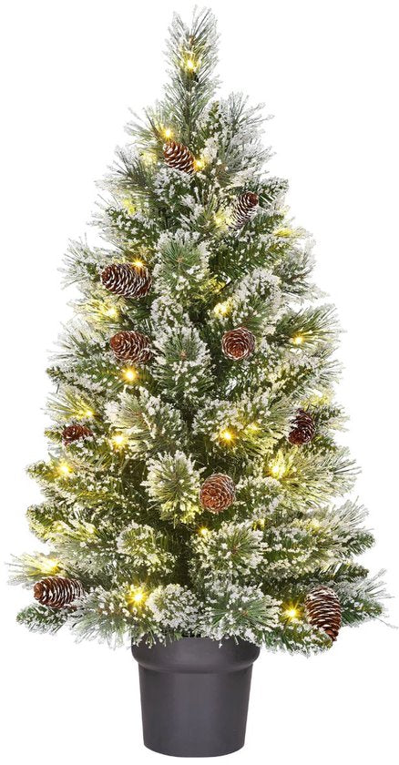 Black Box Trees Vandans : sapin de Noël artificiel avec éclairage - Sapin de Noël H 90 x Ø 48 cm - Sapin artificiel en pot avec des branches enneigées - Vert