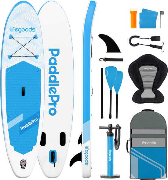 LifeGoods SUP Board All-round Compact - Avec siège - Capacité de charge 100 KG - 300 x 76 cm - Gonflable - Ensemble complet de SUP - Bleu ciel