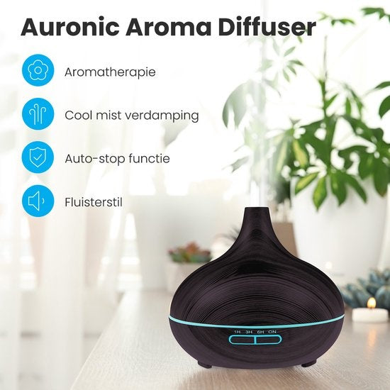 Auronic Diffuseur d'arômes - 300 ml - Humidificateur - 7 couleurs LED - 2 huiles incluses - Brun foncé