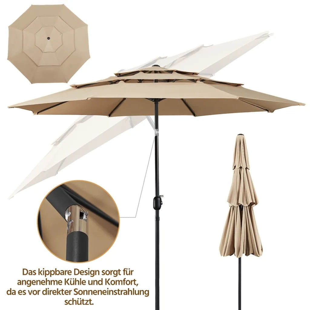 Parasol inclinable Yaheetech à 3 panneaux, Ø 324 cm, marron clair