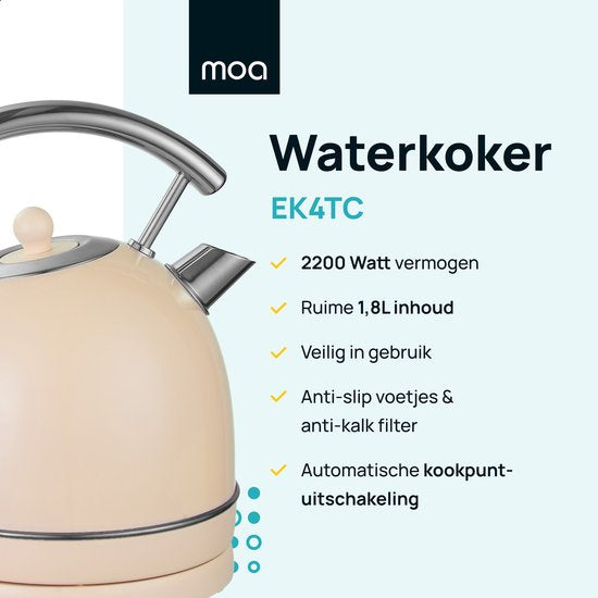 MOA Kettle Retro - 1,8 litre - Bouilloire électrique - Filtre anti-calcaire - sans BPA - acier inoxydable - 2200W - Crème