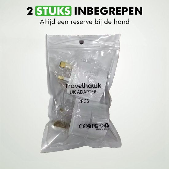 Travelhawk Travel plug England - Prise de voyage UK - Type G - Idéal pour voyager en Angleterre, Ecosse, Malte, Singapour, Hong Kong et Malaisie - 2 pièces - Blanc
