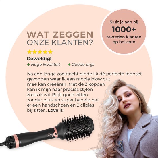 Flaire ROSÉ Brosse sèche-cheveux avec 3 accessoires - Brosse à boucler en céramique - ionique - 1200W - noir