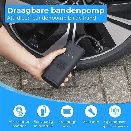 Nuvance - Pompe à pneu à compresseur - 4000mAH - Pompe électrique pour vélo - Compresseur d'air pour voiture, scooter, vélo, ballon et matelas pneumatique - Accessoires inclus - Lampe de poche - PRO