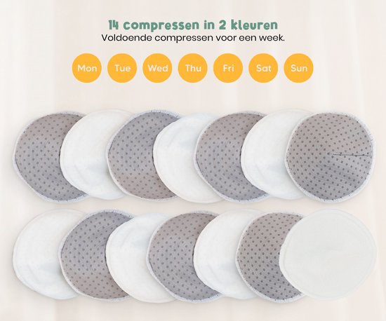 Coussinets d'allaitement Frummel - Coussinets d'allaitement lavables - Antidérapants - Réutilisables - Avec sac de transport et sac de lavage - 14 pièces - Gris/Blanc