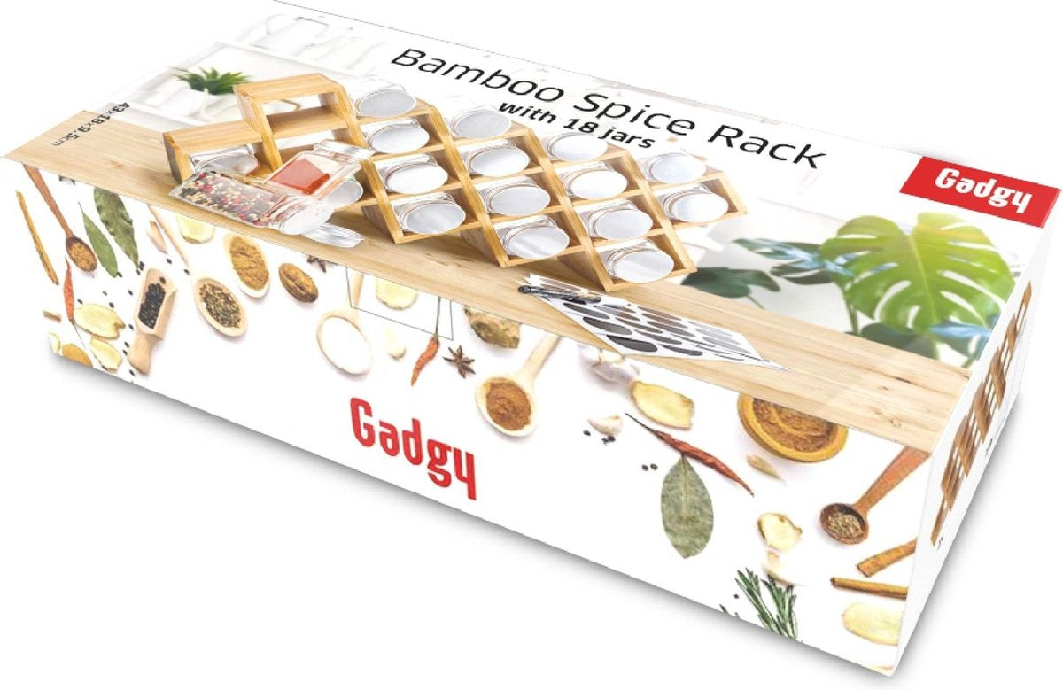 Gadgy Porte-épices avec 18 pots à épices en verre avec couvercle saupoudré - avec étiquettes et marqueur - Bambou - Bois - 43 x 18cm