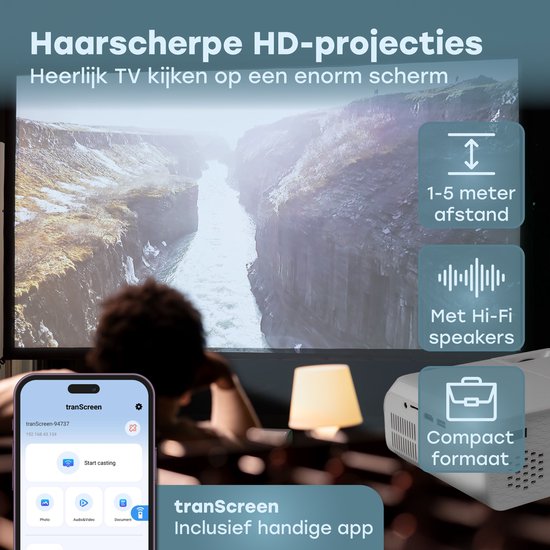 Audyn Beamer - Full HD 1080P - Mini Beamer portable - Projecteur sans fil - Wifi et Bluetooth - Beamers - Hdmi, Usb et Aux - Blanc