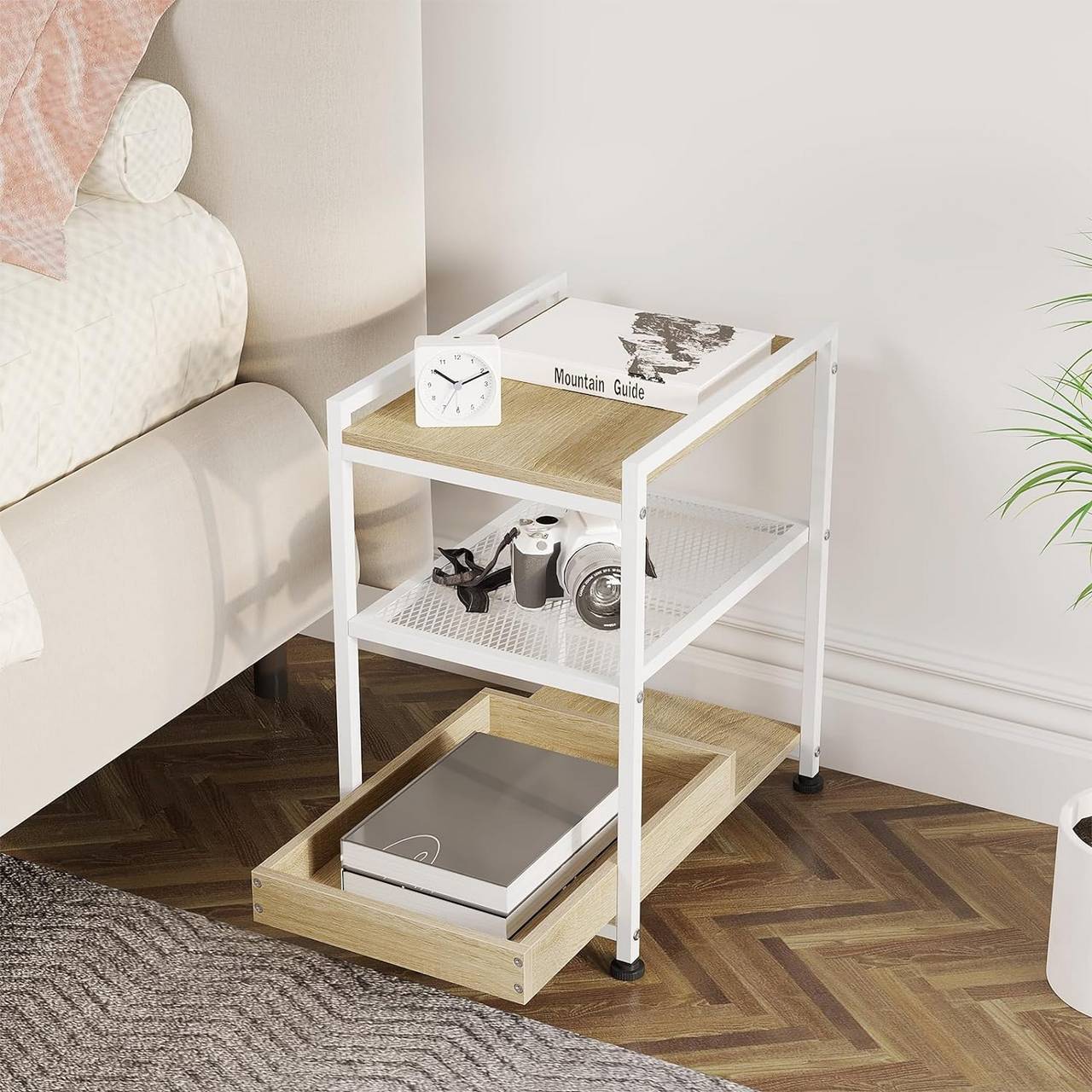 Table d'appoint WOLTU à roulettes - Verrouillable - Chêne clair