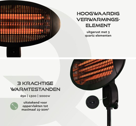 BRASQ Chauffe-terrasse électrique sur pied PHS100 - Chauffe 2000W - 3 niveaux de chaleur - Réglable - Résistant aux éclaboussures - Pour l'intérieur et l'extérieur - Noir