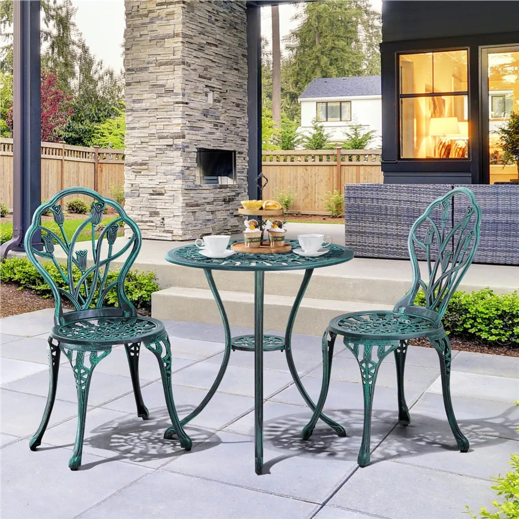 Ensemble de jardin Yaheetech 3 pièces style bistrot - Vert - Ensemble de jardin en aluminium comprenant 2 chaises et une table avec trou pour parasol