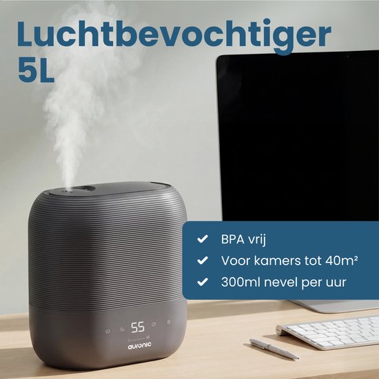 Humidificateur Auronic - 5 L - Convient pour la chambre à coucher, la chambre de bébé, le bureau, le salon et bien plus encore - Humidificateur - Sans BPA - Anthracite