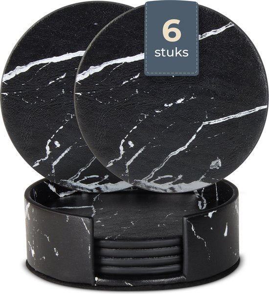 Castagnola Sous-verres en simili-cuir - Sous-verres pour verres - Sous-verres design avec support - Sous-verres en cuir - Cuir - Lot de 6 - Aspect marbré - Noir/Blanc