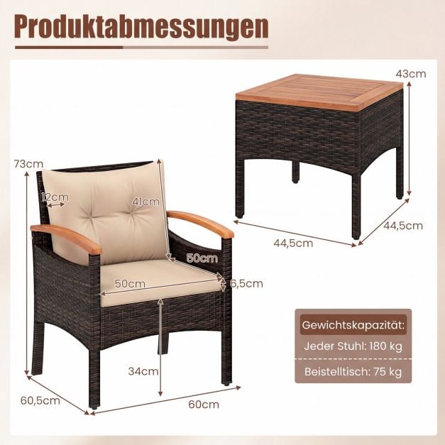 Ensemble de jardin Coast en rotin, 3 pièces – Chaises 60,5 x 60 x 73 cm – Marron