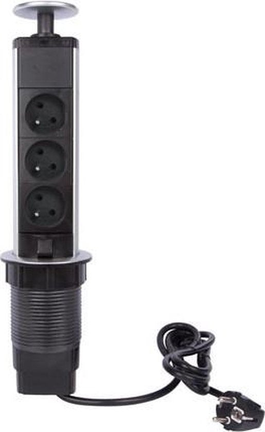 Perel Pop-up socket, 3 prises avec broche de mise à la terre (type E), trou de montage 71 mm, usage intérieur, noir/gris