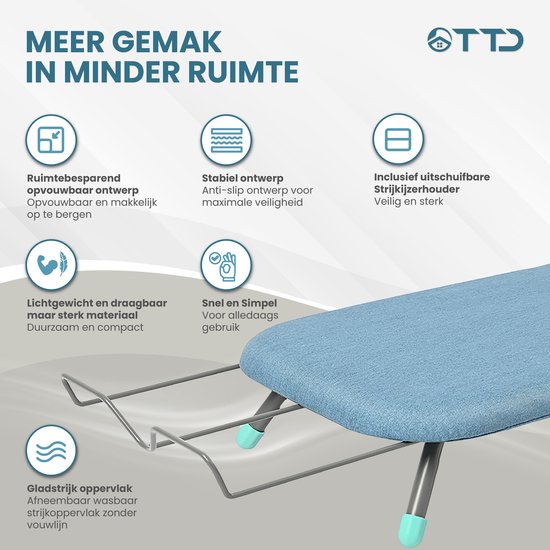 TTD® Table à repasser pliable sans ligne de pliage - Comprend une planche à manches et une boucle de suspension - Mini table à repasser avec porte-fer - Table à repasser de table pliable - Petite table à repasser pliable