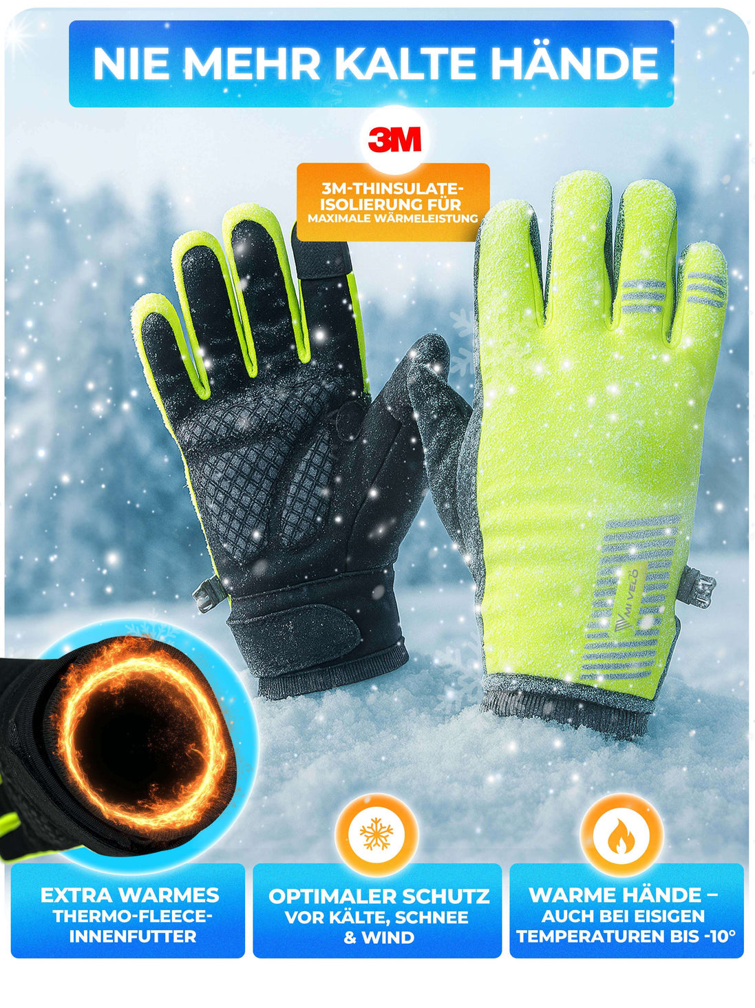 Gants d'hiver - Thermo Fleece & 3M Insulation - Coupe-vent & déperlant - Ecran tactile - Grip antidérapant - Jaune - Taille M