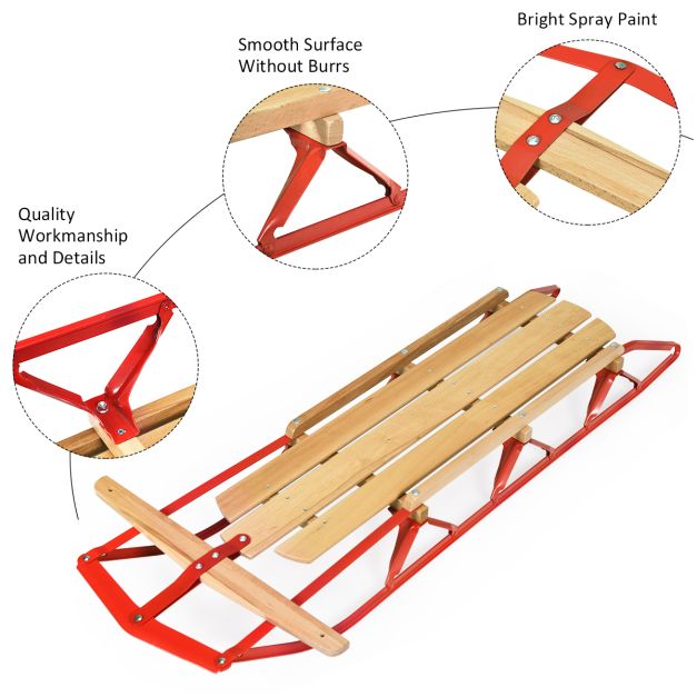 Coast Wooden and Steel Sled with Skates and Handlebar - 137x58x16 cm - Couleur rouge et bois - Pour adultes et enfants à partir de 5 ans - Capacité de charge maximale de 150 kg