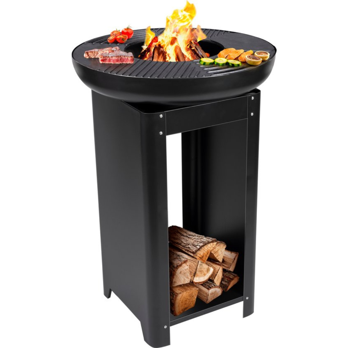 Barbecue 3 en 1 BBQ Collection – Brasero, Plaque Grill, Plaque Teppanyaki – Stockage Bois - 61 x 90 - Noir Acier inoxydable