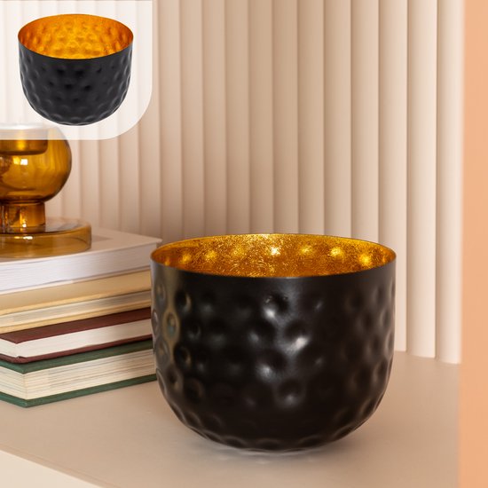 Bougeoir rond Gadgy - Bougeoirs - Décoration de salon - Éclairage d'ambiance d'intérieur - Bougeoirs pour bougies chauffe-plat 14 x 15 cm - Photophore en métal - Noir/Or - Cadeau pour femme